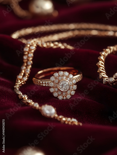 Diamond ring and gold jewelry on velvet