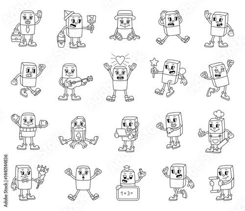 Eraser cartoon characters with emotions and actions for retro educational office musical magical festive lifestyle illustrations in groovy outline style