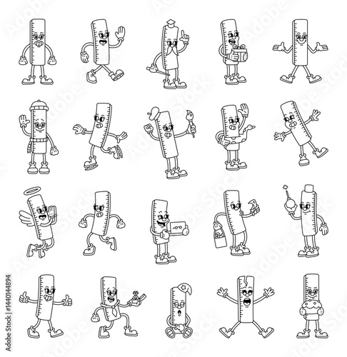 Ruler cartoon characters with emotions gestures actions professions objects and funny costumes in groovy retro outline style