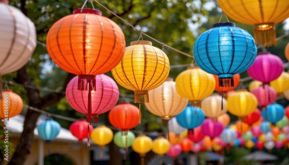 Obraz premium paper lanterns colorful paper lanterns hanging from ropes in a festive outdoor setting, blending culture with light.