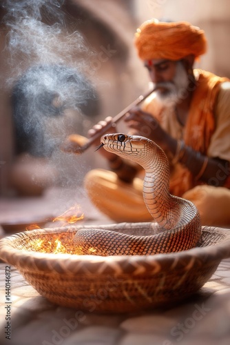 Snake charmer playing flute with cobra in woven basket, traditional indian scene