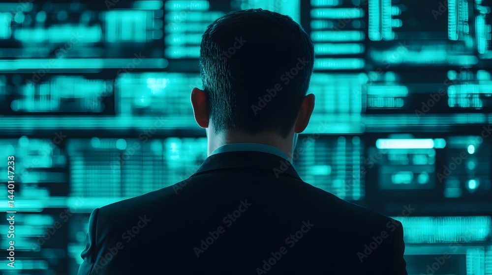 Cybersecurity Specialist Interacting with Holographic Data Interface Cybersecurity Specialist Interacting with Holographic Data Interface