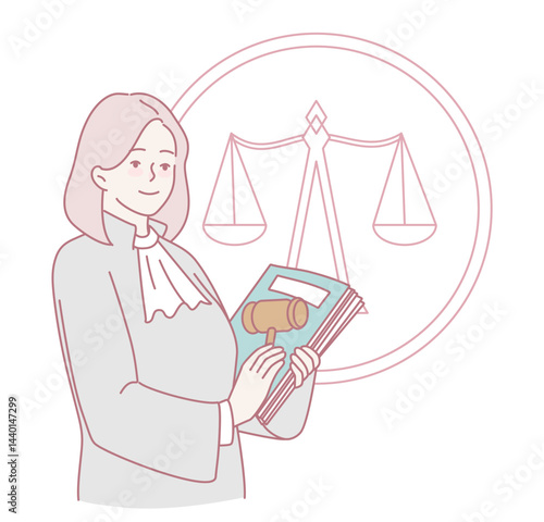 An illustration features a legal professional holding a gavel and scales, effectively symbolizing law and justice