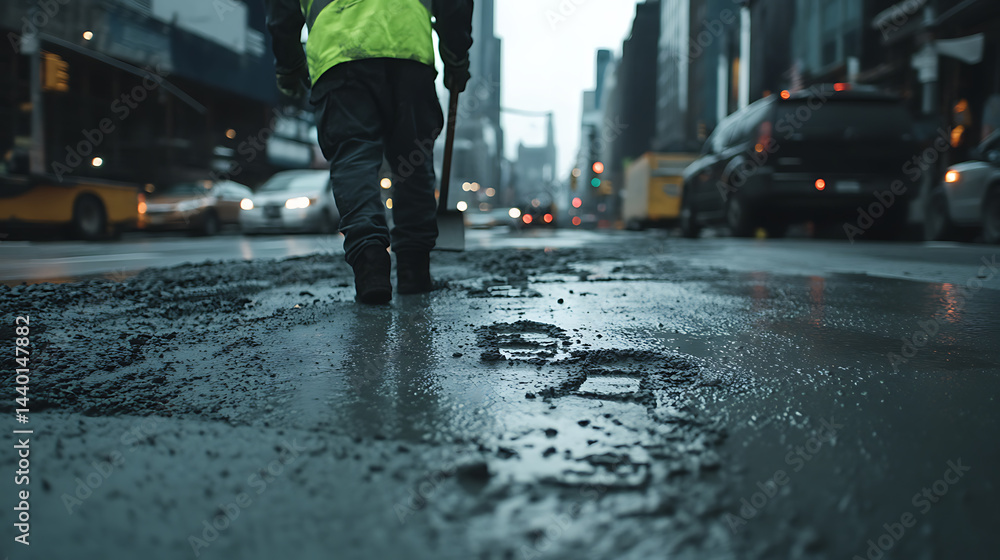 Obraz premium Construction Worker Walking on Wet, Damaged Urban Street