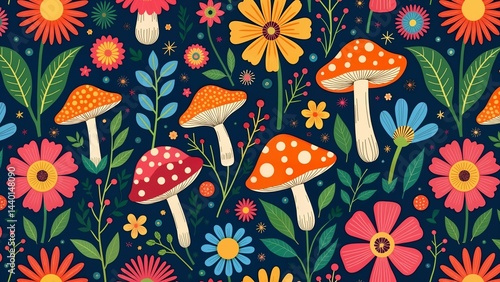 Joyful and Nostalgic Vintage Floral Pattern with Colorful Flowers and Mushrooms in Psychedelic Style