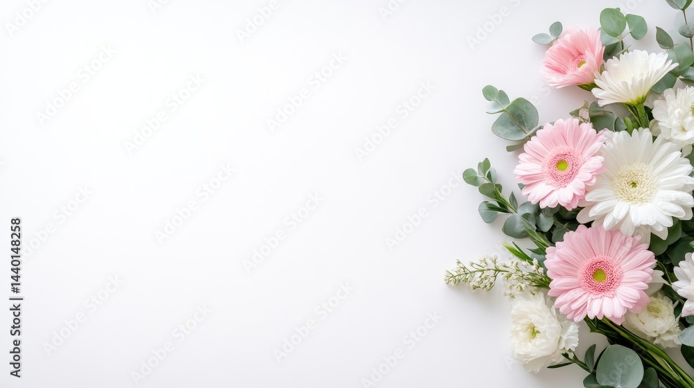 A delicate arrangement of pink and white gerbera daisies with eucalyptus leaves, set against a clean white background, and floral elegance concept. A delicate arrangement of pink and white gerbera daisies with eucalyptus leaves, set against a clean white background, and floral elegance concept.