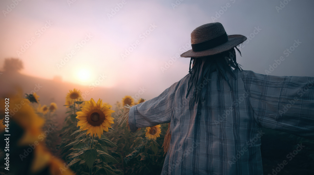 A scarecrow stands amidst vibrant sunflowers, its arms outstretched towards a soft sunrise, surrounded by a serene, foggy landscape A scarecrow stands amidst vibrant sunflowers, its arms outstretched towards a soft sunrise, surrounded by a serene, foggy landscape