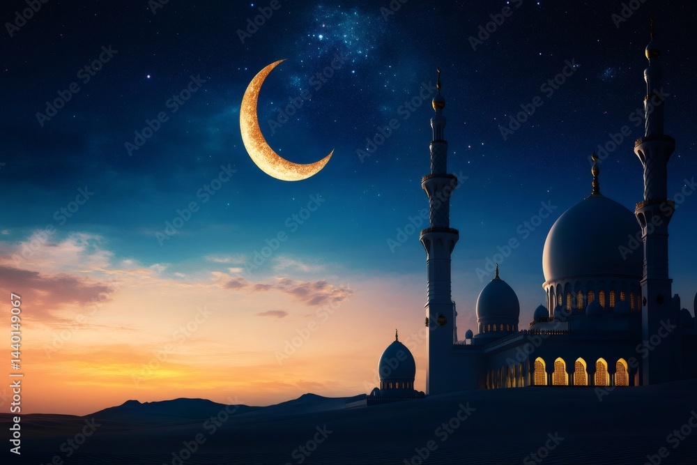 Crescent moon shining over mosque at twilight in the desert
