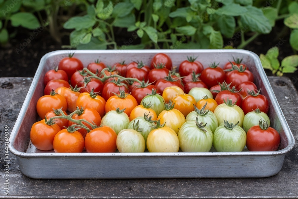 Freshly picked tomatoes displayed on metal tray in garden setting
