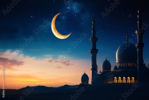 Obraz na płótnie Crescent moon shining over mosque at twilight in the desert w salonie