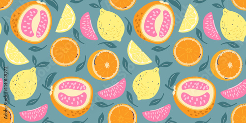 Citrus lemon, pomegranate, orange fruits and slices vector seamless pattern.