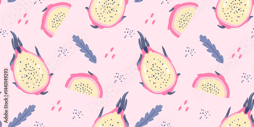 Dragon fruit or pitaya and leaves vector seamless pattern.