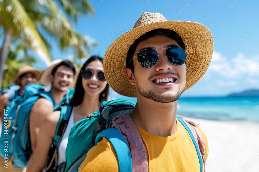 Backpackers walking on tropical beach smiling at camera