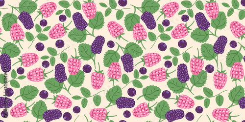 Ripe berries raspberry, blackberry, blueberry and leaves vector seamless pattern.