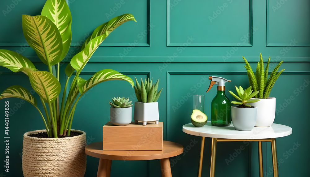 Obraz premium Various potted plants sit on a table in front of a teal green wall, with an avocado.