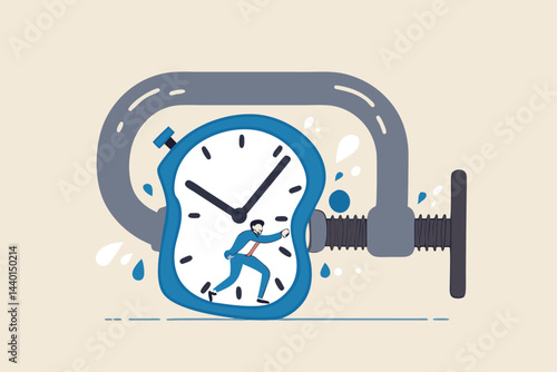 Time pressure or running out of time, stress or anxiety to finish work within aggressive deadline or time management concept, frustrated businessman try to stop squeezed timer clock.