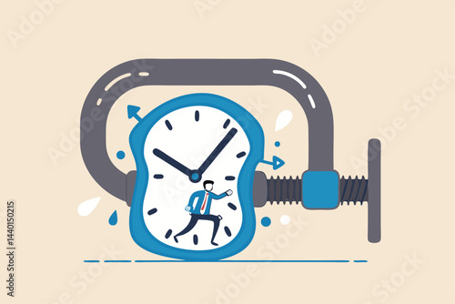 Time pressure or running out of time, stress or anxiety to finish work within aggressive deadline or time management concept, frustrated businessman try to stop squeezed timer clock.