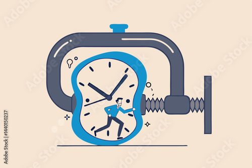 Time pressure or running out of time, stress or anxiety to finish work within aggressive deadline or time management concept, frustrated businessman try to stop squeezed timer clock.