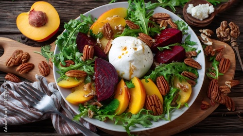 Delicious summer salad with beetroot, peach, burrata cheese, pecan nuts and arugula