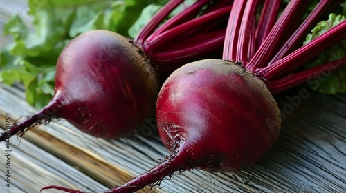 Fresh beetroots resting on rustic wooden table, vibrant colors and healthy eating
