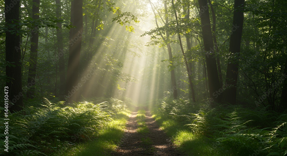 Obraz premium Sunbeams Shining Through Forest Path with Greenery