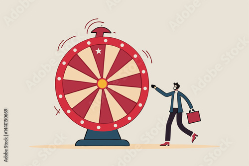 Life depend on luck, fortune wheel randomness, chance and opportunity to get new job, investment winning or gambling concept, excite businessman looking at spinning fortune wheel waiting for luck.