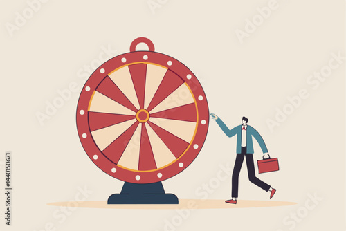 Life depend on luck, fortune wheel randomness, chance and opportunity to get new job, investment winning or gambling concept, excite businessman looking at spinning fortune wheel waiting for luck.