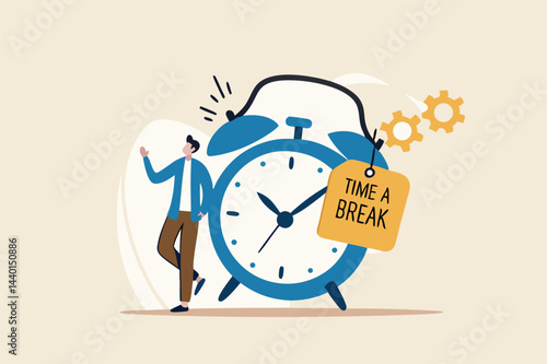 Time to take a break, coffee break time to relax and refresh from long stress interval, free from bored, sleepy and fatigue concept, relax businessman with a cup of coffee or tea with alarm clock.