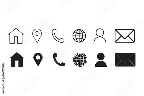 Contact icon set. Web icon set. Address icon, phone icon, email icon, location icon, home icon, web icon, user icon. Black and white color contact icon set.