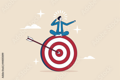 Stay focused and concentrate on business objective, goal or target, relax meditation to eliminate distraction concept, peaceful businessman meditate sitting and focusing on big archer target.