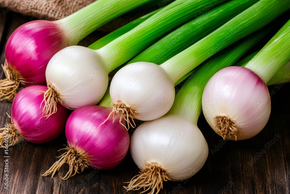 Fresh spring onions resting on rustic wooden table