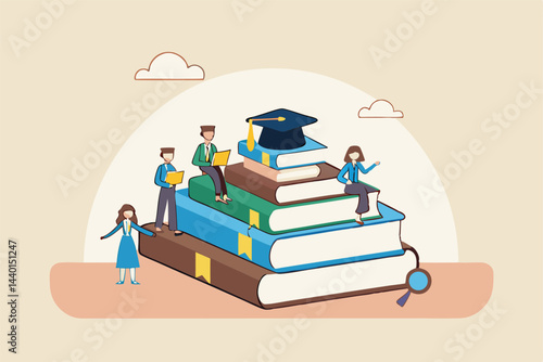 Lifelong learning, self study to motivate and improve skill development, continue learn new knowledge for life long concept, people in different age reading new books and study online on book stacked.