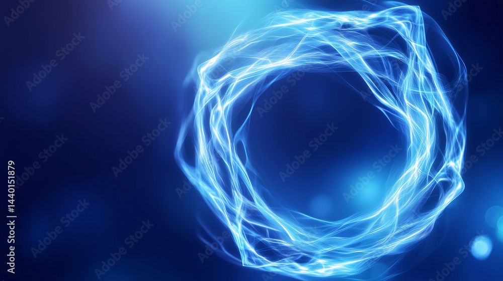 Fototapeta premium Glowing blue energy ring with dynamic light trails on dark background