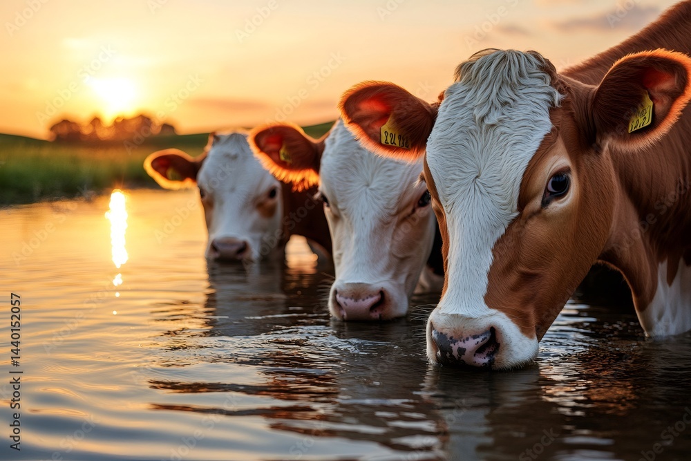 Cows drinking water in pond at sunset in countryside