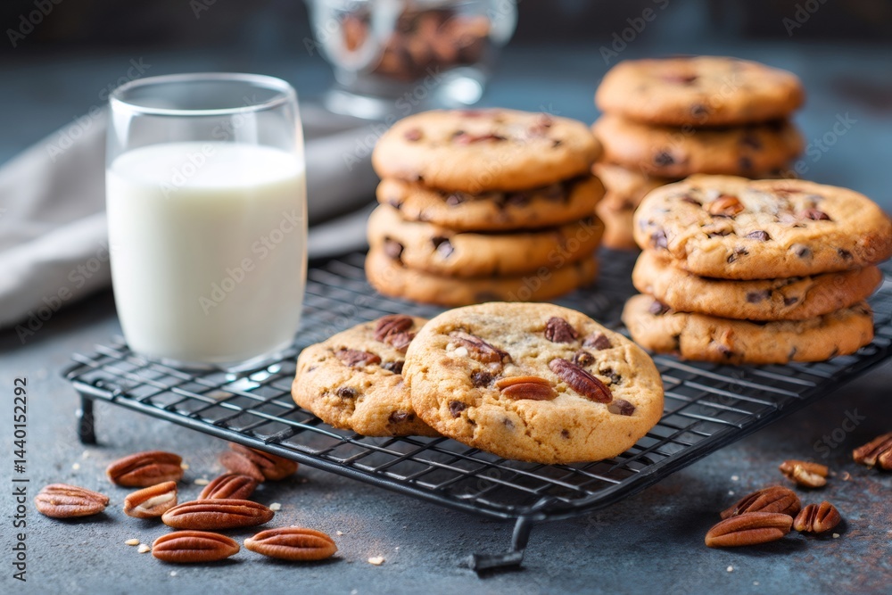 Delicious homemade chocolate chip pecan cookies cooling on wire rack with milk