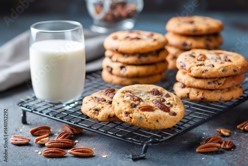 Obraz na płótnie Delicious homemade chocolate chip pecan cookies cooling on wire rack with milk w salonie