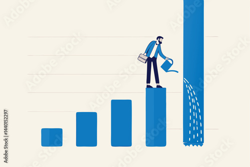 Grow your business, increase sales or investment profit, growth, improve company profit, salary increase or earn more income concept, ambitious businessman pouring water to grow graph plant.