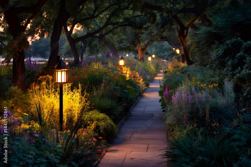 Illuminated garden path at twilight with blooming flowers