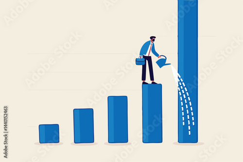 Grow your business, increase sales or investment profit, growth, improve company profit, salary increase or earn more income concept, ambitious businessman pouring water to grow graph plant.
