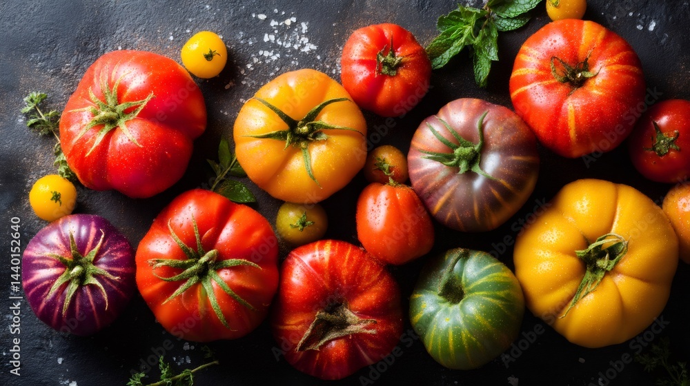 Colorful heirloom tomatoes with fresh herbs on dark background