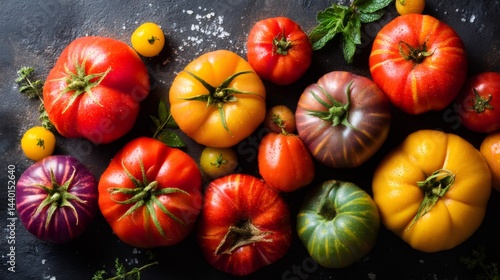 Obraz na płótnie Colorful heirloom tomatoes with fresh herbs on dark background w salonie
