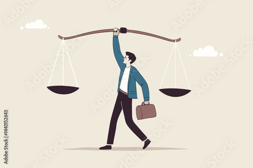 Principles and business ethic to do right things, social responsibility or integrity to earn trust, balance and justice for leadership concept, confident businessman leader lift balance ethical scale.