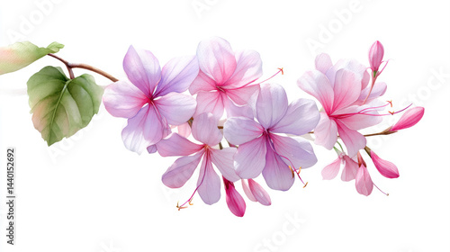Watercolor Clerodendrum blossoms with pink and light purple petals, green leaves, blooming gracefully on a white background.