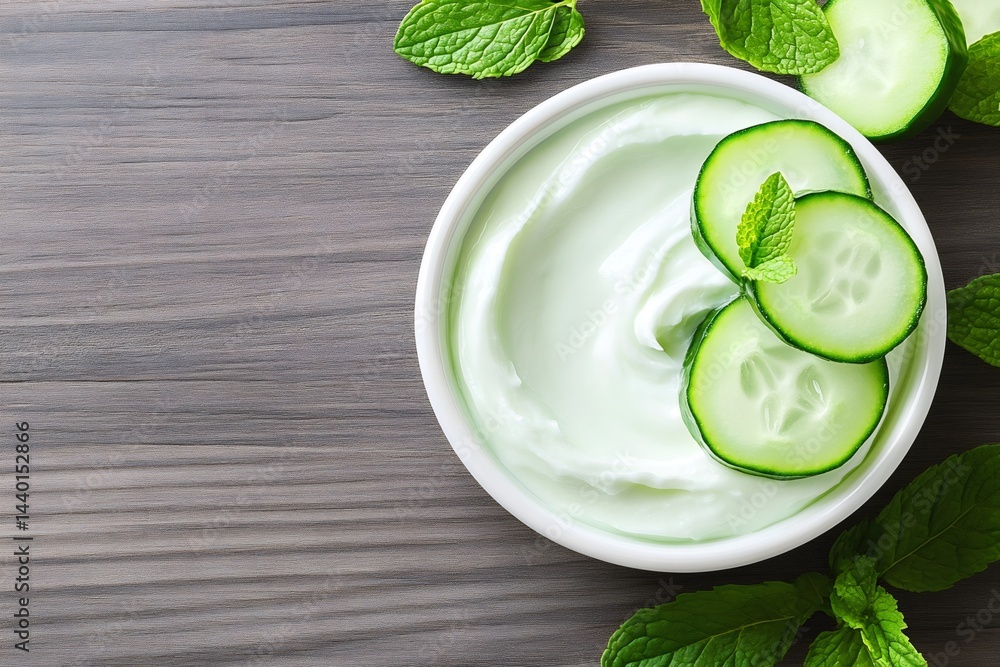 Homemade cucumber and mint facial mask in a bowl on wooden table