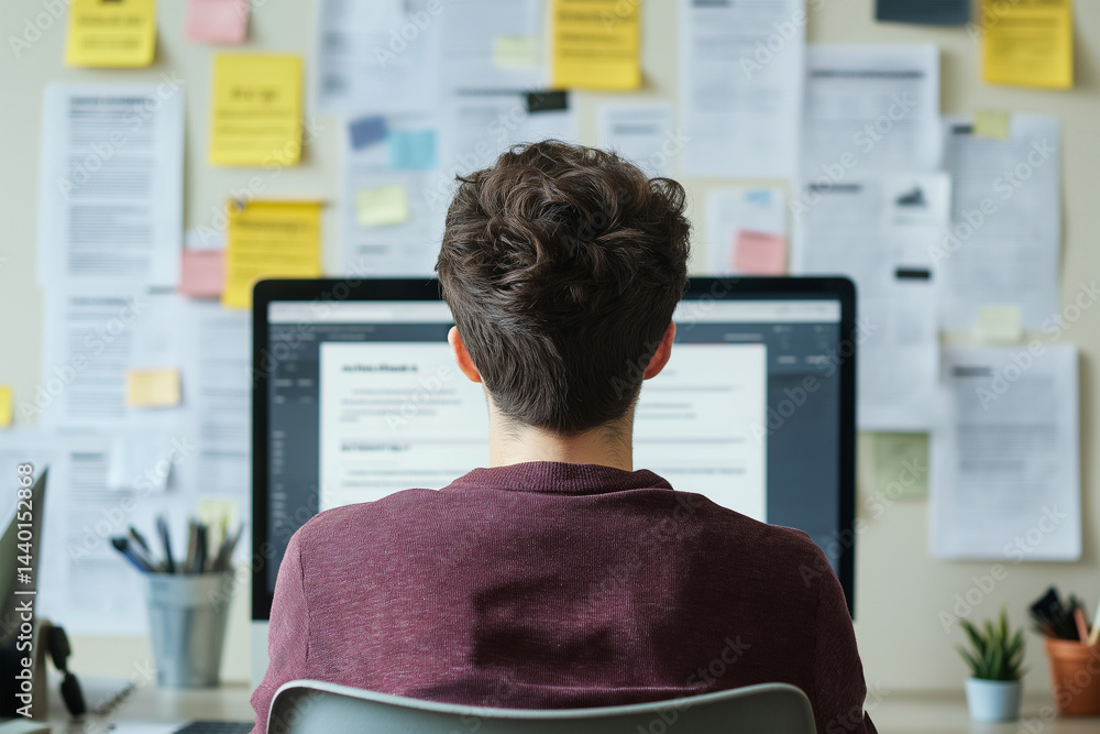 Focused individual works at desk surrounded by notes Focused individual works at desk surrounded by notes