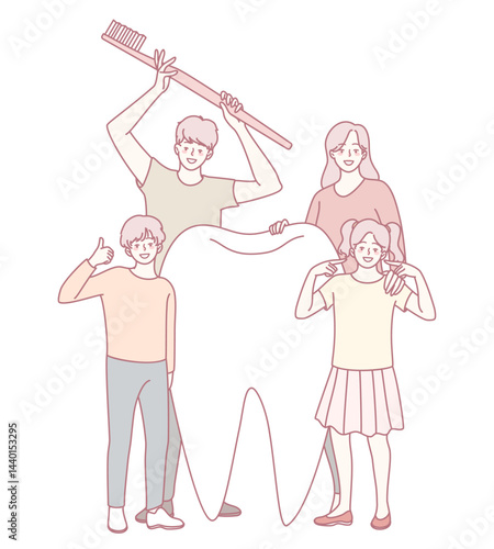 A family celebrates dental health with a large tooth, toothbrush, and smiles, promoting oral hygiene.
