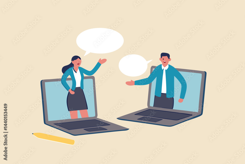 Remote work team meeting, online communication and business discussion, video conference to link between home and office concept, businessman and woman virtually discuss work from laptop computer. Remote work team meeting, online communication and business discussion, video conference to link between home and office concept, businessman and woman virtually discuss work from laptop computer.
