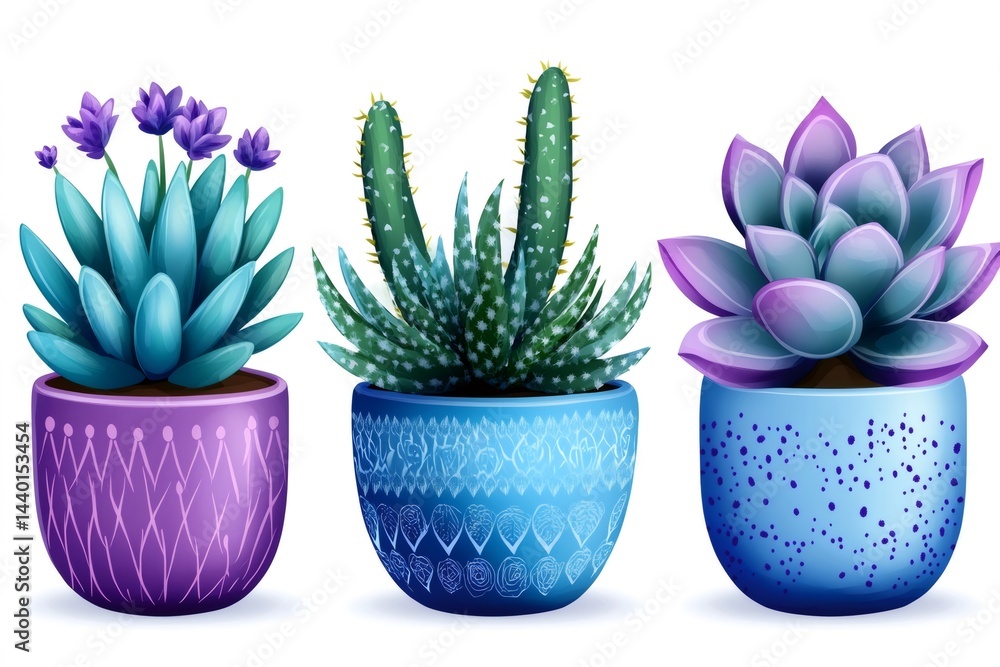 Three succulents growing in colorful ceramic pots