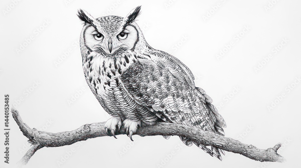 Obraz premium Detailed grayscale drawing of an owl perched on a branch