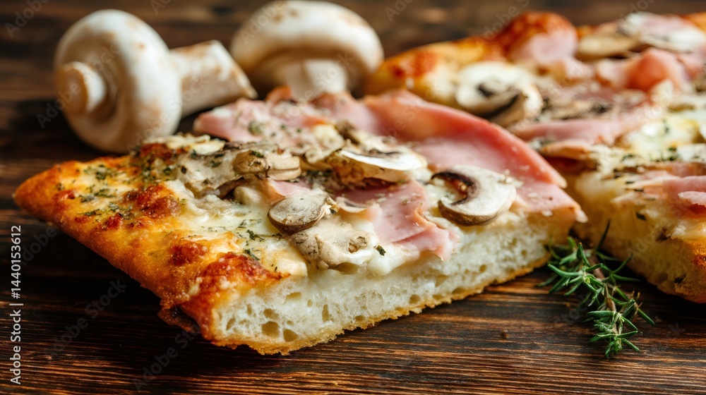 Delicious square pizza with ham and mushrooms resting on wooden table